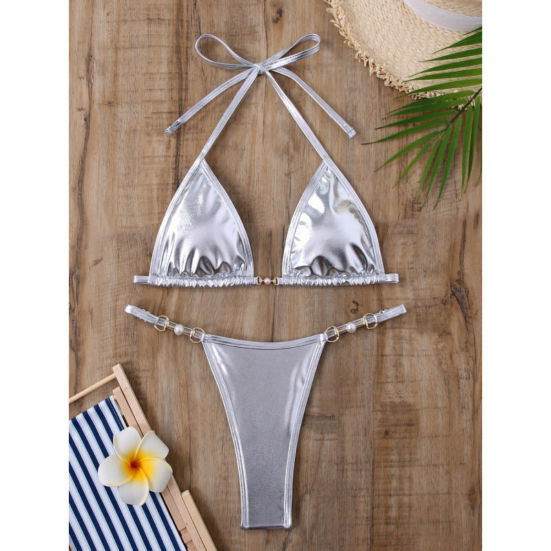 Damen Triangel-Bikini mit Metallic-Finish und goldenen Schmuckdetails R&B