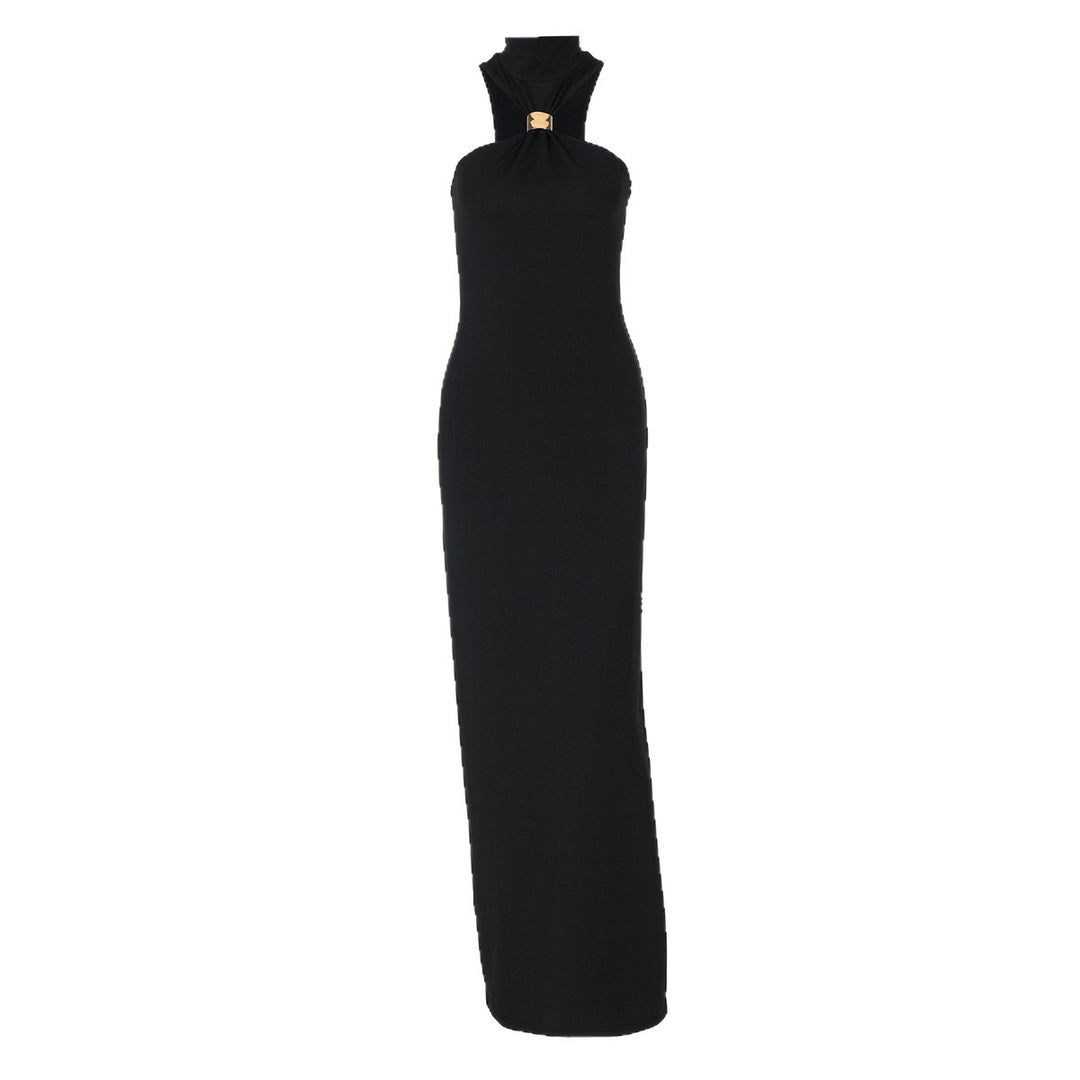 Damen elegantes langes Abendkleid mit halbem Kragen und edlen Akzenten R&B