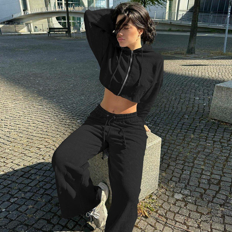 Damen Sportliches Hoodiekombination mit cropped Oberteil und weiten Hosen R&B