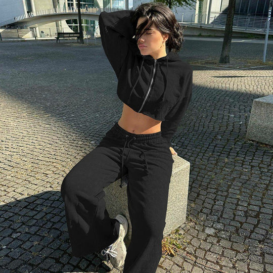 Damen Sportliches Hoodiekombination mit cropped Oberteil und weiten Hosen R&B