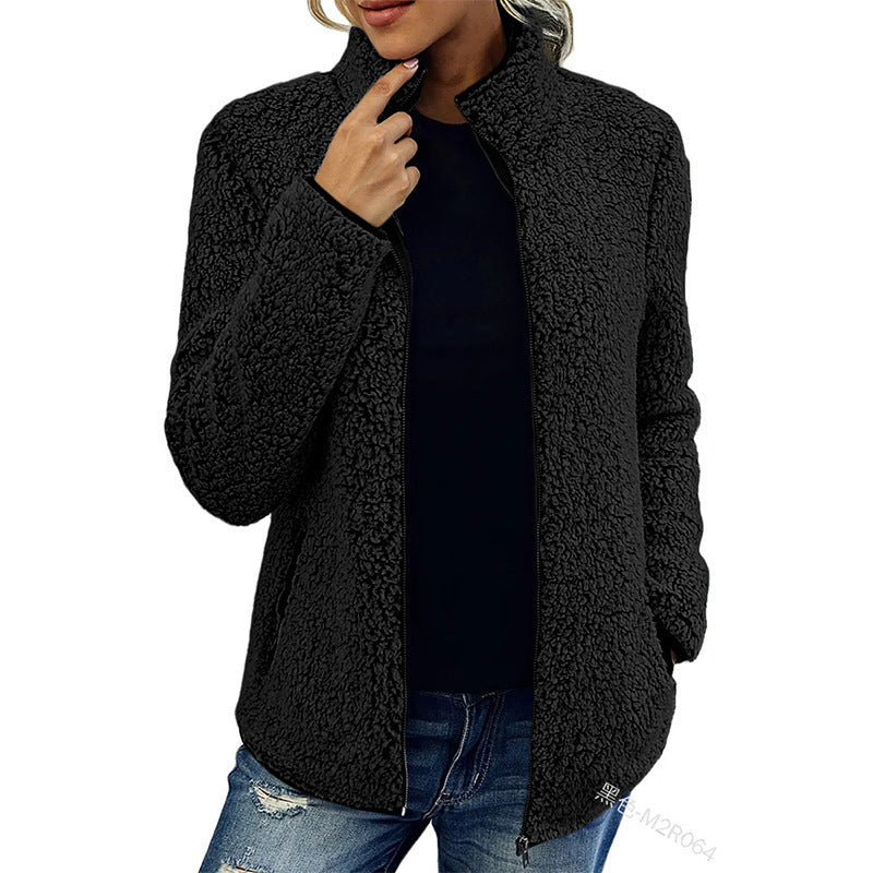 Damen flauschige Fleecejacke mit hohem Kragen und seitlichen Taschen R&B