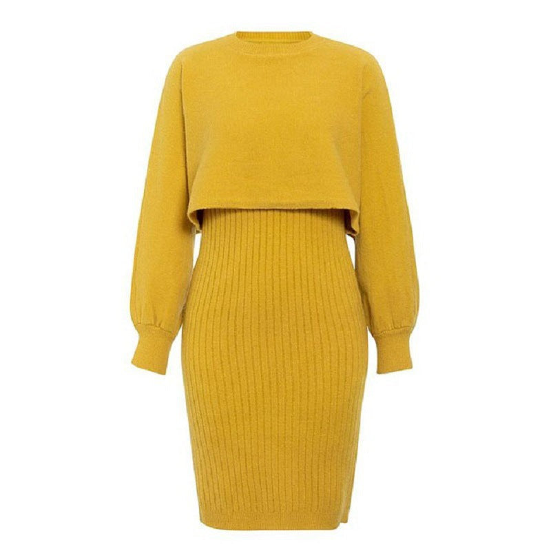 Damen gestricktes Midi-Kleid mit lässigem Cropped-Pullover-Oberteil und Rippenstruktur