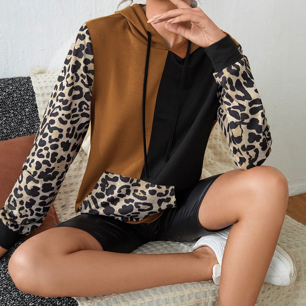 Damen Kapuzenpullover mit auffälligem Leopardenmuster und Farbblockdesign R&B