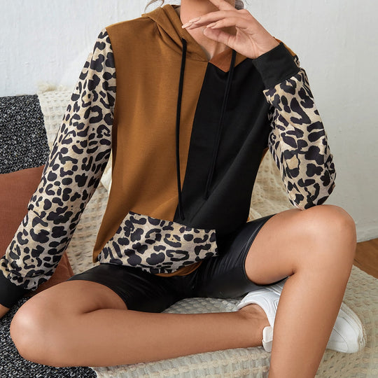 Damen Kapuzenpullover mit auffälligem Leopardenmuster und Farbblockdesign R&B