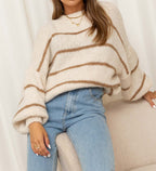 Damen grob gestrickter Pullover mit modernen Streifen und lässigem Schnitt R&B
