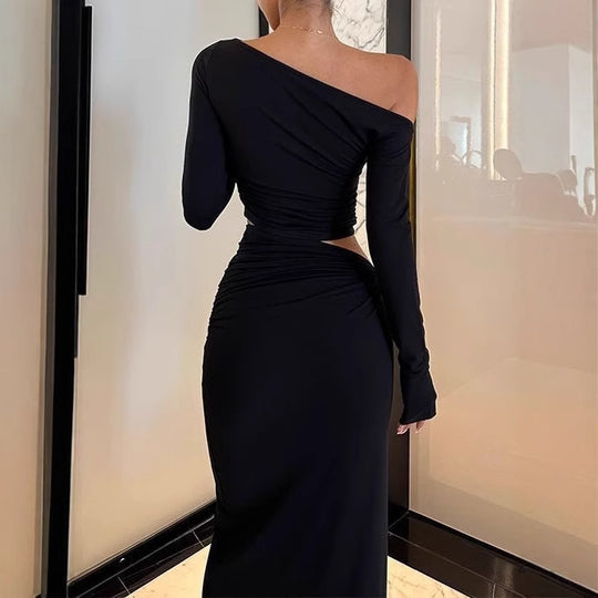 Damen Langarm Maxikleid mit asymmetrischem Design und Rüschendetails R&B