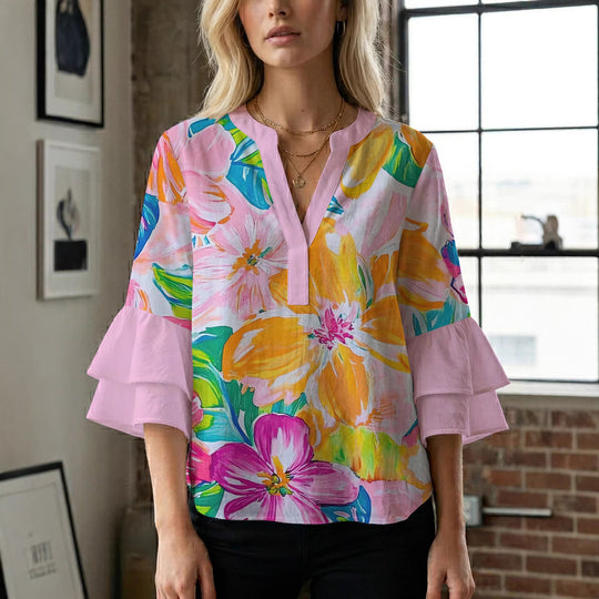 Damen Bluse mit voluminösen Rüschenärmeln und floralem Muster R&B