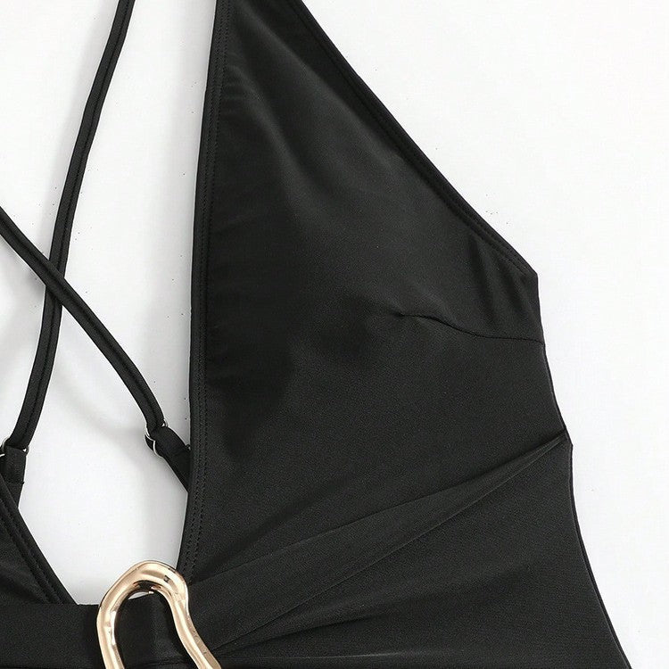 Damen Einteiler Badeanzug mit tiefem V-Ausschnitt und stilvollem Ringdetail