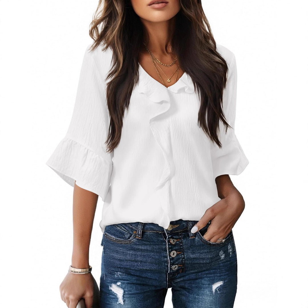 Damen Luftiges Blusenshirt mit Rüschendetails und V-Ausschnitt R&B