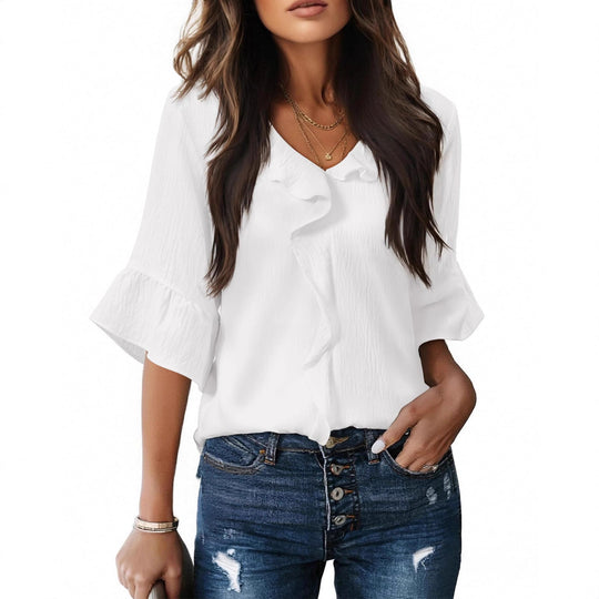 Damen Luftiges Blusenshirt mit Rüschendetails und V-Ausschnitt R&B
