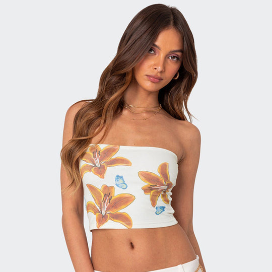 Damen Bandeau-Top mit floralem Motiv und elastischem Bund R&B