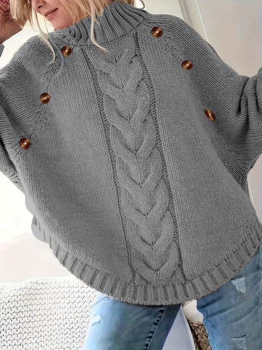 Damen Oversized Strickpullover mit Hochkragen und dekorativen Knopfdetails R&B
