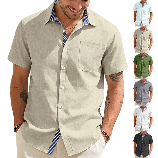 Herren nan Business-Casual Kurzarmhemd mit gestreiftem Kragenfutter und Brusttasche R&B