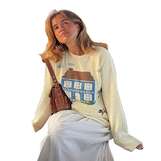 Damen Sweatshirt mit kreativem Hausmotiv R&B