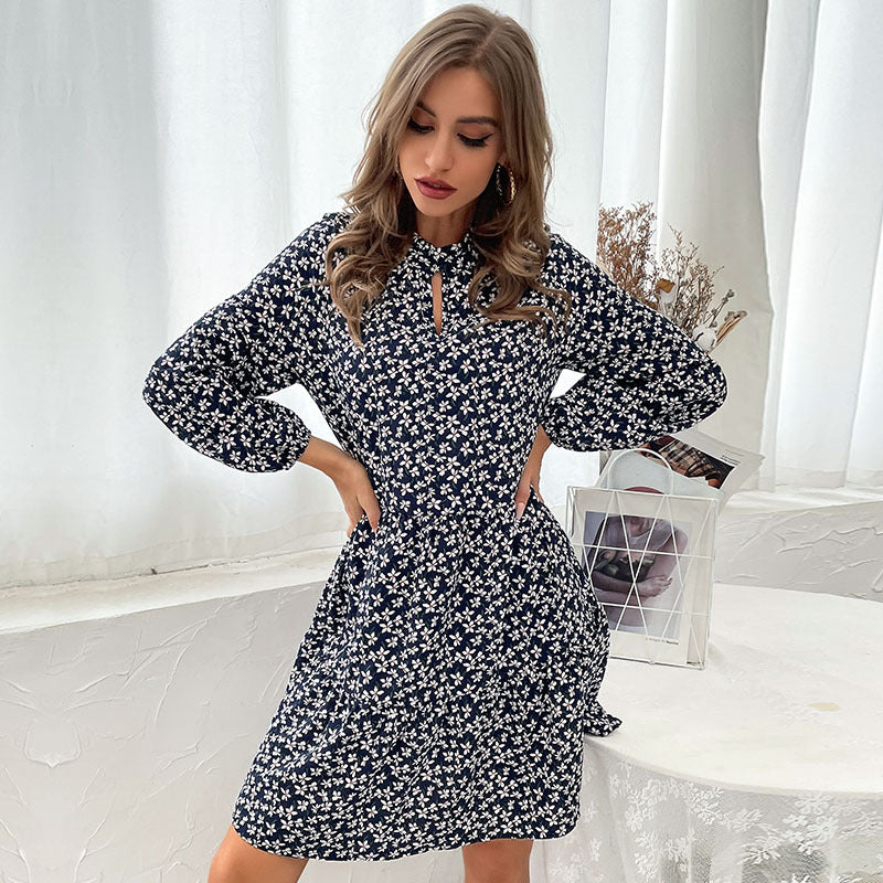 Damen Blümchen-Midikleid mit schickem Standkragen und asymmetrischem Schnitt R&B