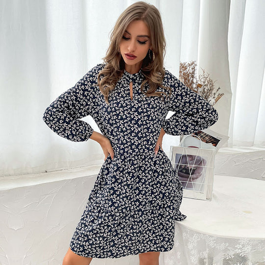 Damen Blümchen-Midikleid mit schickem Standkragen und asymmetrischem Schnitt R&B