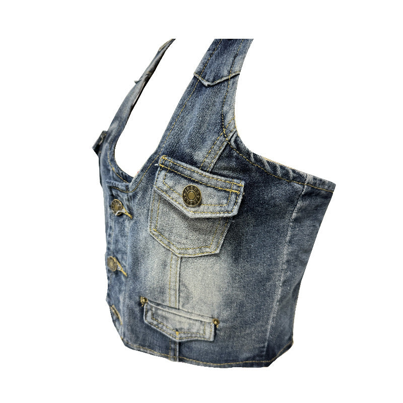 Damen Crop-Top aus Denim mit dekorativen Knopfdetails und tiefem V-Ausschnitt R&B