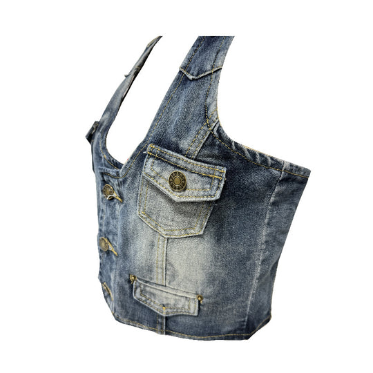 Damen Crop-Top aus Denim mit dekorativen Knopfdetails und tiefem V-Ausschnitt R&B