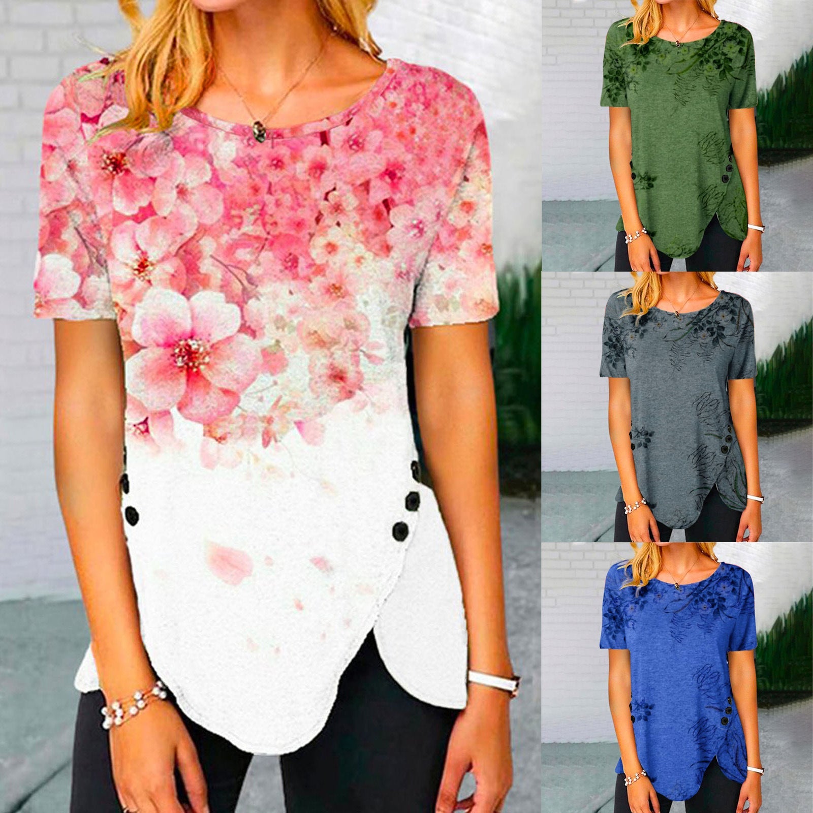 Damen lässiges T-Shirt mit dekorativem Floraldesign und asymmetrischem Saum R&B
