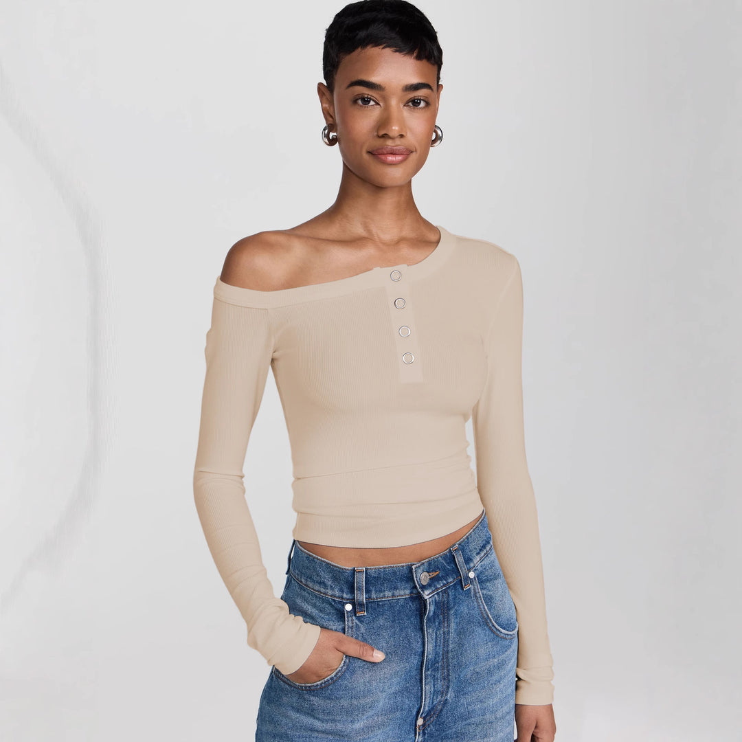 Damen asymmetrisches Langarmshirt mit Knopfleiste und figurbetontem Schnitt R&B