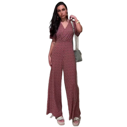 Damen Jumpsuit mit elastischem Bund und tiefem V-Ausschnitt R&B