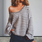 Damen Oversized Strickpullover mit off-Shoulder Design und modischem Rippenmuster R&B