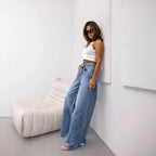 Damen Weite Jeans im Vintage-Stil mit hohen Taschen und trendigen Used-Effekten R&B
