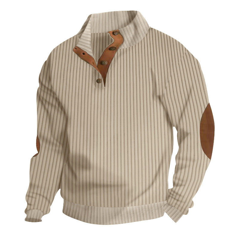 Herren nan strukturierter Ripp-Pullover mit kurzem Knopfkragen und Wildleder-Ellbogenpatches R&B