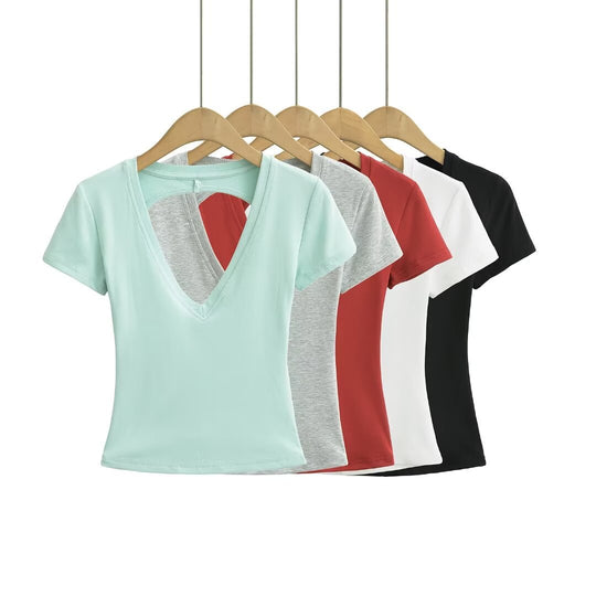 Damen modisches V-Ausschnitt T-Shirt mit offenem Rücken R&B