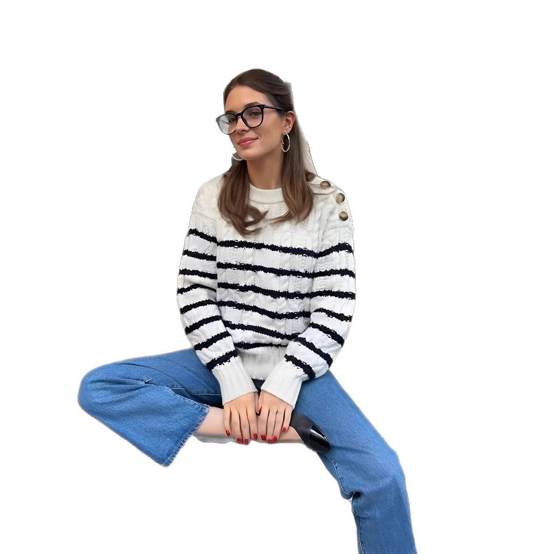Damen Strickpullover mit maritimen Streifen und Knopfdetails R&B