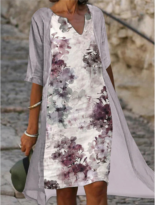 Damen Freizeitkleid mit floralem Design und tiefem V-Ausschnitt R&B