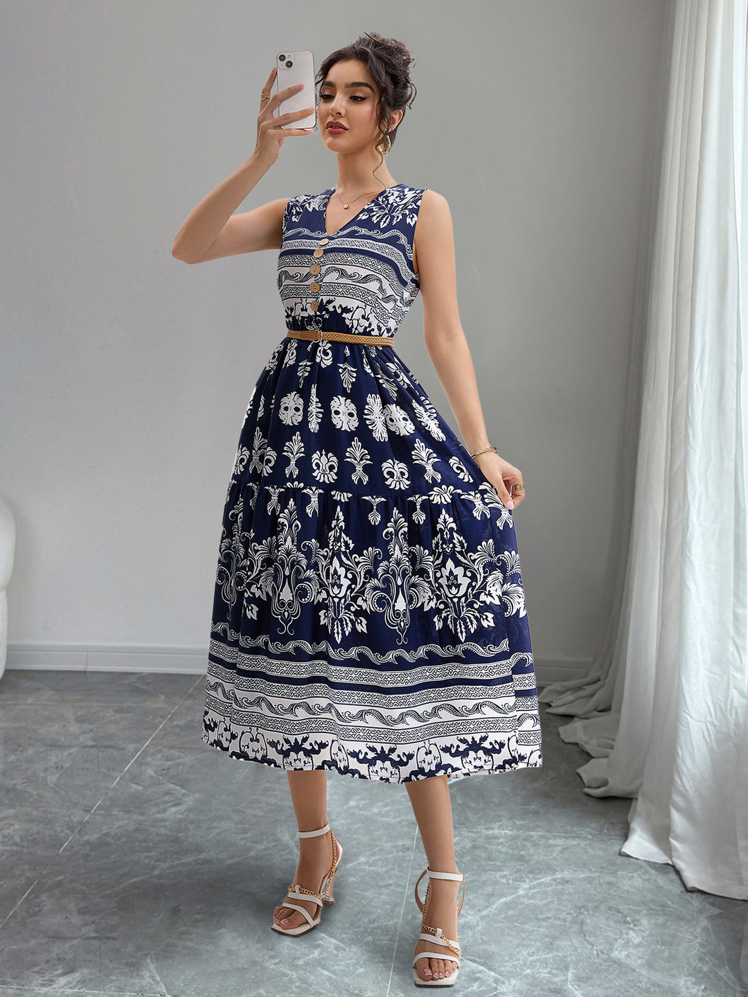 Damen Midi-Kleid mit Knopfleiste und traumhaftem Muster R&B