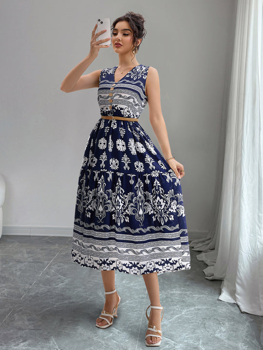 Damen Midi-Kleid mit Knopfleiste und traumhaftem Muster R&B