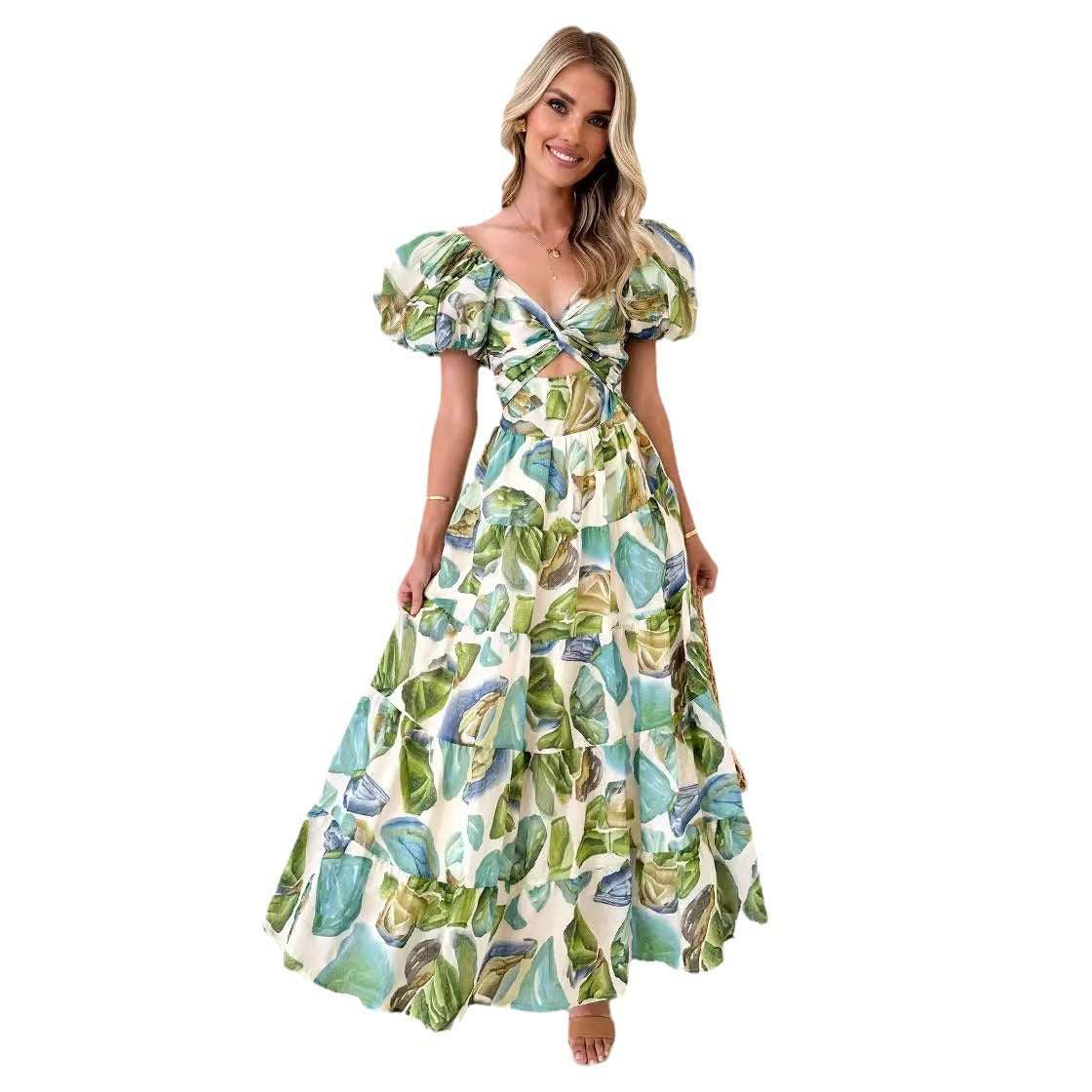 Damen Maxikleid mit voluminösen Puffärmeln und floralem Muster