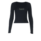 Damen Langarmshirt mit trendigem Neckholder-Ausschnitt und fröhlichem Stickmotiv EB