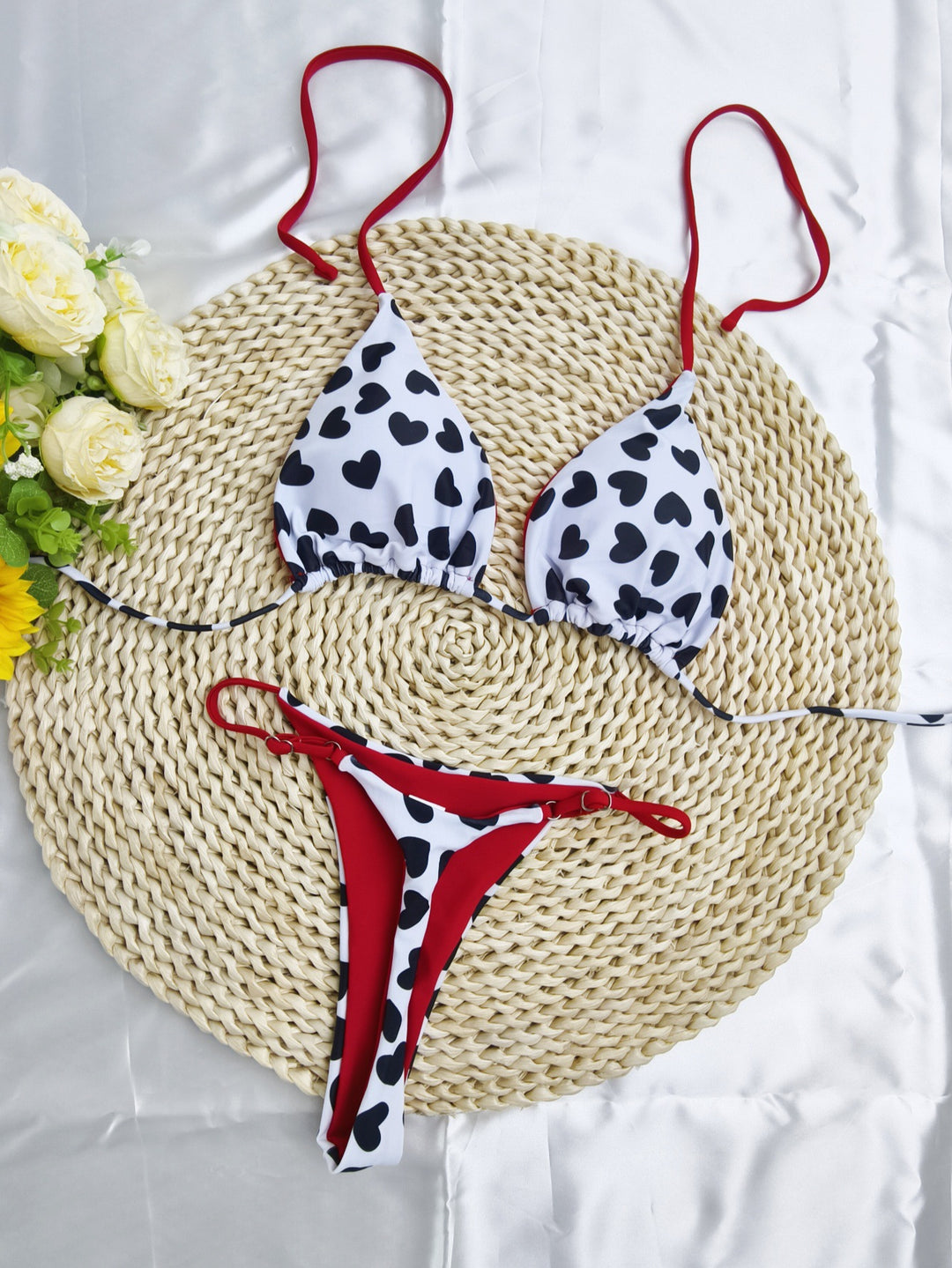 Damen Triangel-Bikini-Set mit fröhlichem Kirschmuster und verstellbaren Trägern R&B