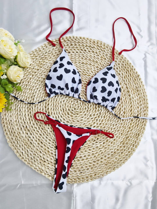 Damen Triangel-Bikini-Set mit fröhlichem Kirschmuster und verstellbaren Trägern R&B