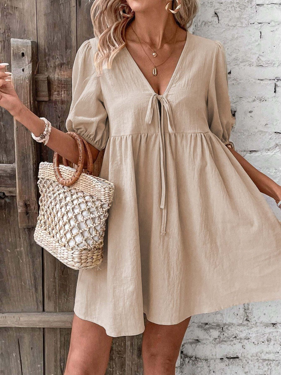 Damen luftiges Sommerkleid mit V-Ausschnitt und Raffungen R&B