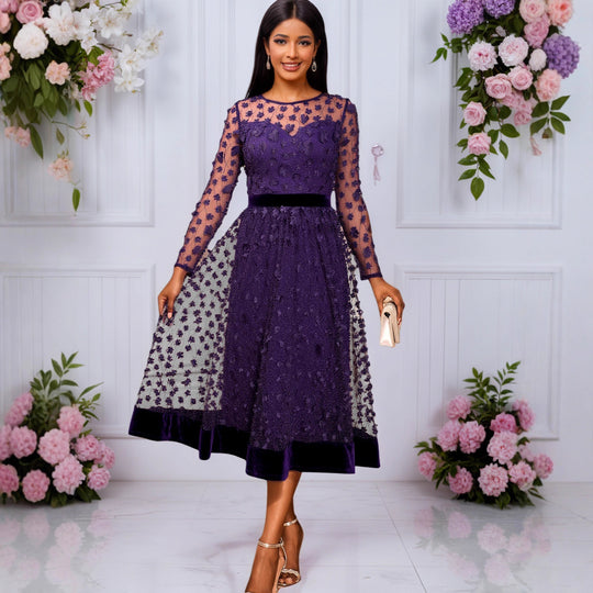 Damen elegantes A-Linien Abendkleid mit floralen Spitzenapplikationen R&B