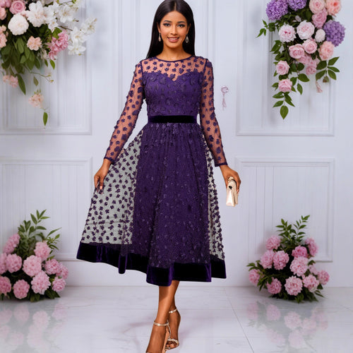 Damen elegantes A-Linien Abendkleid mit floralen Spitzenapplikationen R&B