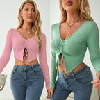 Damen Langarm Crop-Top mit raffiniertem Raffung und tiefem V-Ausschnitt R&B