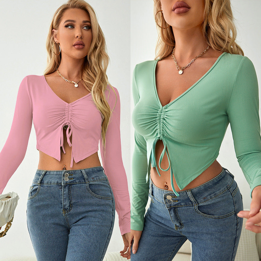 Damen Langarm Crop-Top mit raffiniertem Raffung und tiefem V-Ausschnitt R&B