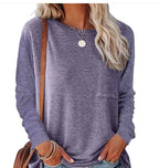 Damen lässiges Langarmshirt mit Taschen und Rundhalsausschnitt R&B