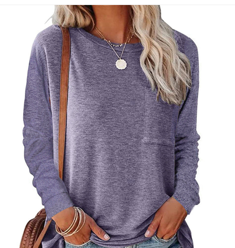 Damen lässiges Langarmshirt mit Taschen und Rundhalsausschnitt R&B