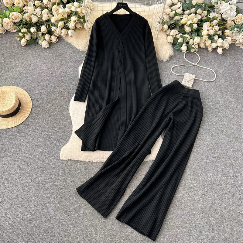 Damen elegantes Strickanzug mit V-Ausschnitt und weitem Bein R&B