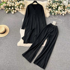 Damen elegantes Strickanzug mit V-Ausschnitt und weitem Bein R&B