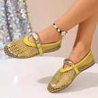 Damen atmungsaktive Mesh-Ballerinas mit dekorativen Schnallen und rutschfester Sohle R&B