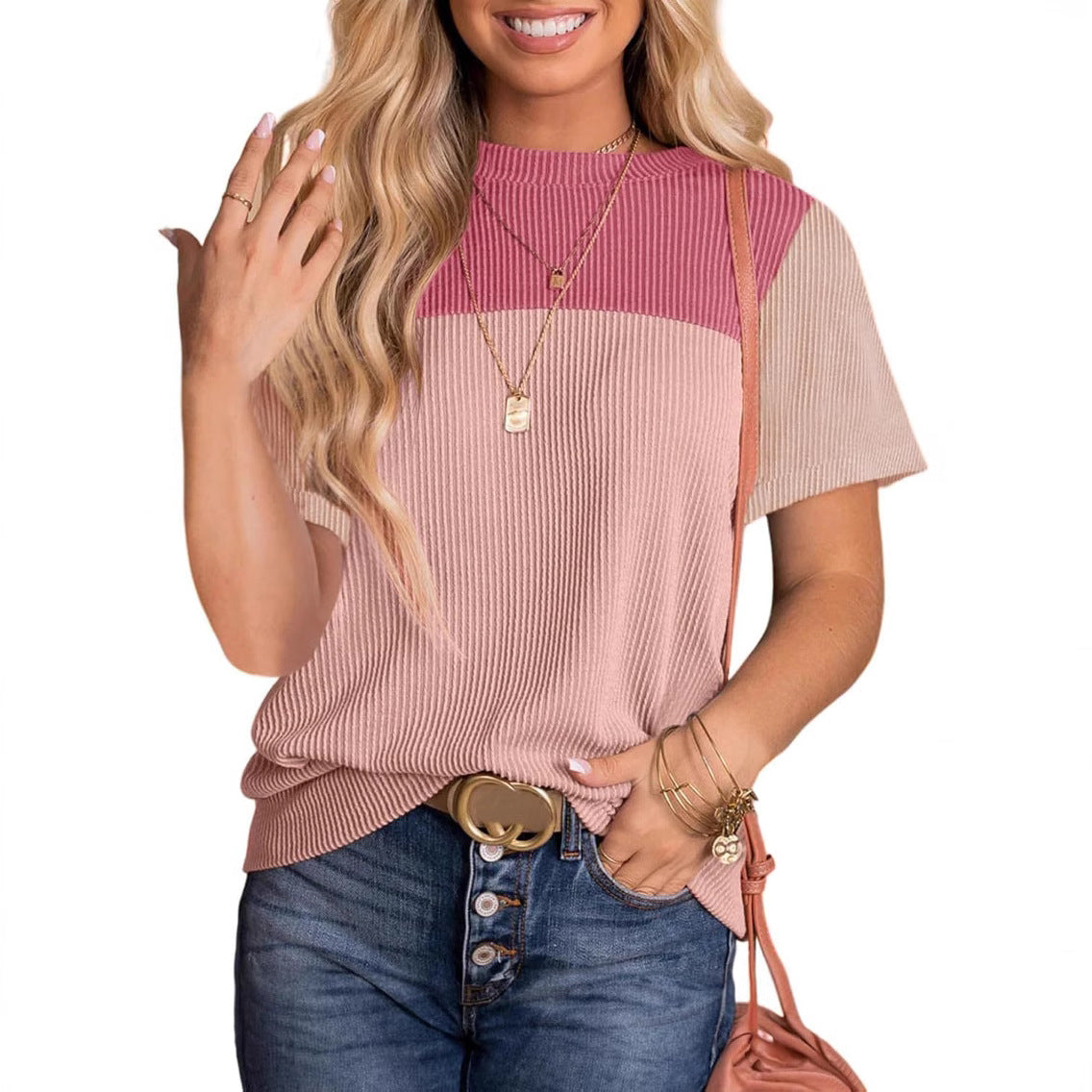 Damen modisches Rippoberteil mit kontrastierenden Farbblockdetails R&B