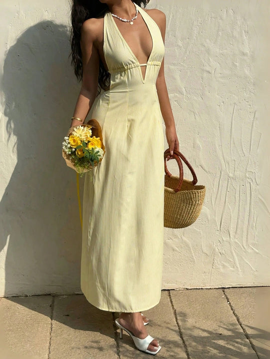 Damen Maxikleid mit tiefem V-Ausschnitt und raffiniertem Streifenmuster R&B