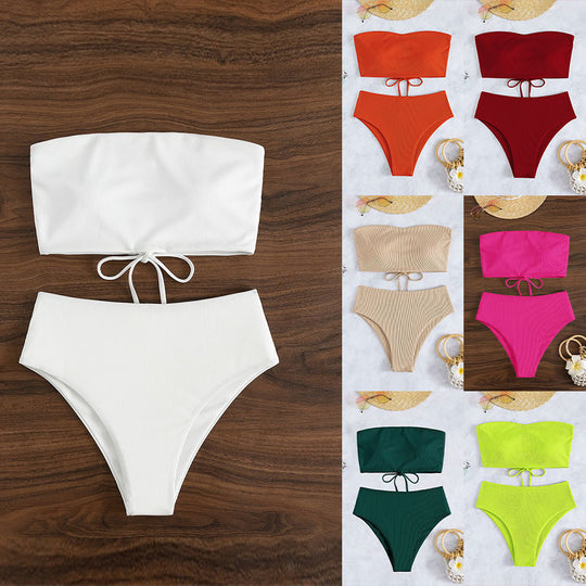 Damen Bandeau-Bikini-Set mit hohem Beinausschnitt und Bindedetails R&B